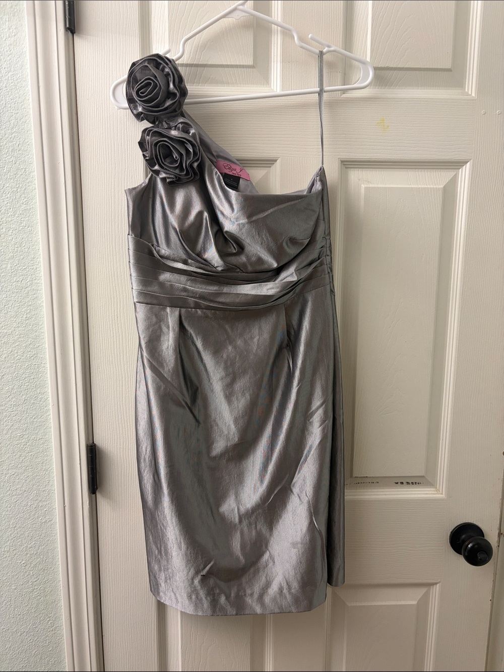 Eliza J Metallic Silver One-Shoulder Rosette Cocktail Dress
